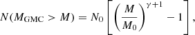 $$ \begin{aligned} N(M_{\rm GMC} > M) = N_0 \left[ \left(\frac{M}{M_0}\right)^{\gamma +1} -1 \right], \end{aligned} $$