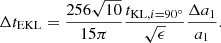 $$ \begin{aligned} \Delta t_{\rm EKL} = \frac{256 \sqrt{10}}{15 \pi } \frac{t_{\mathrm{KL}, i=90^{\circ }}}{\sqrt{\epsilon }} \frac{\Delta a_1}{a_1} . \end{aligned} $$