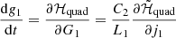 $$ \begin{aligned}&\frac{\mathrm{d}g_1}{\mathrm{d}t} = \frac{\partial \mathcal{H} _{\rm quad}}{\partial G_1} = \frac{C_2}{L_1} \frac{\partial \tilde{\mathcal{H} }_{\rm quad}}{\partial j_1} \end{aligned} $$