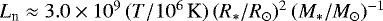 Mathematical equation: $L_{\textrm{n}} \approx 3.0 \times 10^9\,(T/10^6\, \textrm{K})\,(R_{\ast}/R_{\odot})^2\,(M_{\ast}/M_{\odot})^{-1}$