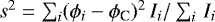 Mathematical equation: $s^2 = \sum_i (\phi_i - \phi_{\textrm{C}})^2 \, I_i / \sum_i\, I_i $