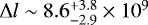Mathematical equation: $\Delta l \sim 8.6^{+3.8}_{-2.9}\times10^9$