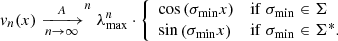 $$ \begin{aligned} { v}_n(x) \xrightarrow [n \rightarrow \infty ] A^n {\lambda _{\mathrm{max}}^n} \cdot {\left\{ \begin{array}{ll} \cos \left( \sigma _{\rm min} x\right)&\mathrm{if} \ \sigma _{\rm min} \in \Sigma \\ \sin \left( \sigma _{\rm min} x\right)&\mathrm{if} \ \sigma _{\rm min} \in \Sigma ^*. \end{array}\right.} \end{aligned} $$