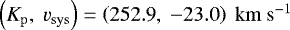 ${{\left({K_{\mathrm{p}}}{},\ {v_{\mathrm{sys}}}{}\right)=\left({252.9},\ {-23.0} \right)\ {\mathrm{km \ s^{-1}}}{}}}$