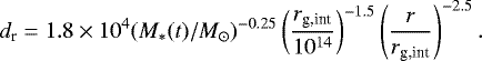 \begin{equation*} d_{\textrm{r}} = {1.8 \times 10^4} (M_*(t)/M_{\odot})^{-0.25} \left(\frac{r_{\textrm{g,int}}}{{10^{14}}}\right)^{-1.5} \left(\frac{r}{r_{\textrm{g,int}}}\right)^{-2.5}. \end{equation*}