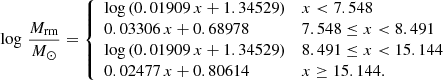 $$ \begin{aligned} \log \,\frac{M_\mathrm{rm} }{{M}_{\odot }} = {\left\{ \begin{array}{ll} \log \,(0.01909\,x + 1.34529)&x < 7.548 \\ 0.03306\,x + 0.68978&7.548 \le x < 8.491 \\ \log \,(0.01909\,x + 1.34529)&8.491 \le x < 15.144 \\ 0.02477\,x + 0.80614&x \ge 15.144. \end{array}\right.} \end{aligned} $$
