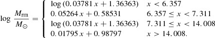 $$ \begin{aligned} \log \,\frac{M_\mathrm{rm} }{{M}_{\odot }} = {\left\{ \begin{array}{ll} \log \,(0.03781\,x + 1.36363)&x < 6.357 \\ 0.05264\,x + 0.58531&6.357 \le x < 7.311 \\ \log \,(0.03781\,x + 1.36363)&7.311 \le x < 14.008 \\ 0.01795\,x + 0.98797&x > 14.008. \end{array}\right.} \end{aligned} $$