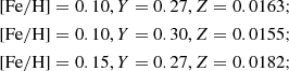 $$ \begin{aligned}&\mathrm{[Fe/H]} = 0.10, Y = 0.27, Z = 0.0163;\\&\mathrm{[Fe/H]} = 0.10, Y = 0.30, Z = 0.0155;\\&\mathrm{[Fe/H]} = 0.15, Y = 0.27, Z = 0.0182; \end{aligned} $$