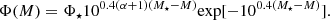 Mathematical equation: $$ \begin{aligned} \Phi (M) = \Phi _{\star } 10^{0.4 (\alpha +1) (M_{\star }-M)} \mathrm{exp}[-10^{0.4 (M_{\star }-M)}]. \end{aligned} $$