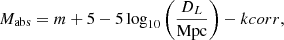 Mathematical equation: $$ \begin{aligned} M_{\rm abs}=m+5-5 \log _{10}\left(\frac{D_L}{\mathrm{Mpc}}\right)-kcorr, \end{aligned} $$