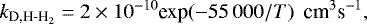 \begin{equation*}k_{\textrm{D,H-H}_2} = 2\times 10^{-10}\textrm{exp}(-55\,000/T) ~~ \textrm{cm}^{3}\textrm{s}^{-1} ,\end{equation*}