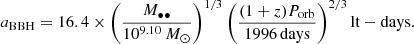 $$ \begin{aligned} a_{\rm BBH} = 16.4 \times \left(\frac{M_{\bullet \bullet }}{10^{9.10}\,M_{\odot }}\right)^{1/3} \left(\frac{(1+z)P_{\rm orb}}{1996\,\mathrm {days}}\right)^{2/3} \mathrm{lt-days}. \end{aligned} $$