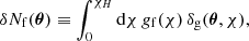$$ \begin{aligned} \delta N_{\rm f}(\boldsymbol{\theta })\equiv \int _0^{\chi _H}\mathrm{d}\chi \, g_{\rm f}(\chi )\,\delta _{\rm g}(\boldsymbol{\theta },\chi ), \end{aligned} $$