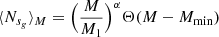 $$ \begin{aligned} \langle N_{s_g}\rangle _M=\Big (\frac{M}{M_1}\Big )^{\alpha }\Theta (M-M_{\text{min}}) \end{aligned} $$