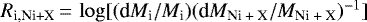 $R_{\textrm{i,Ni+X}}\,{=}\,\log [(\textrm{d}M_{\textrm{i}} / M_{\textrm{i}})(\textrm{d}M_{\textrm{Ni + X}} / M_{\textrm{Ni + X}})^{-1}]$