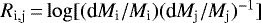 $R_{\textrm{i,j}}\,{=} \log [(\textrm{d}M_{\textrm{i}} / M_{\textrm{i}})(\textrm{d}M_{\textrm{j}} / M_{\textrm{j}})^{-1}]$