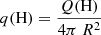 Mathematical equation: $ q(\mathrm{H})=\frac{Q(\mathrm{H})}{4 \pi\ R^2} $