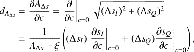 \begin{eqnarray*} d_{A_{\Delta s}} & = & \frac{\partial A_{\Delta s}}{\partial c} = \left. \frac{\partial}{\partial c}\right|_{c=0} \sqrt{ (\Delta s_I)^2 + (\Delta s_Q)^2} \nonumber\\ &=& \frac{1}{A_{\Delta s} + \xi} \left((\Delta s_I) \left. \frac{\partial s_I }{\partial c} \right|_{c = 0} + \left. (\Delta s_Q) \frac{\partial s_Q}{\partial c}\right|_{c=0} \right),\end{eqnarray*}