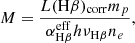 $$ \begin{aligned} M=\frac{L(\mathrm{H}\beta )_{\rm corr}m_p}{\alpha _{\mathrm{H}\beta }^\mathrm{eff}h\nu _{\mathrm{H}\beta }n_e}, \end{aligned} $$