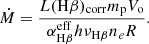 $$ \begin{aligned} \dot{M}=\frac{L(\mathrm{H}\beta )_{\rm corr}m_{\rm p}V_{\rm o}}{\alpha _{\mathrm{H}\beta }^\mathrm{eff}h\nu _{\mathrm{H}\beta }n_eR}. \end{aligned} $$