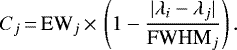 \begin{equation*} C_j \,{=}\, \textrm{EW}_j\,{\times}\,\left(1-\frac{|\lambda_i - \lambda_j |}{\textrm{FWHM}_j}\right) .\end{equation*}