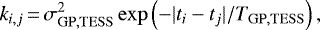 \begin{equation*} k_{i,j}\,{=}\,\sigma^2_{\mathrm{GP,TESS}} \exp\left(- |t_i - t_j|/T_{\mathrm{GP,TESS}}\right), \end{equation*}
