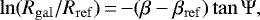 \begin{eqnarray*} \ln(R_{\mathrm{gal}}/R_{\mathrm{ref}})\,{=}\,{-}(\beta-\beta_{\mathrm{ref}})\tan{\Psi}, \end{eqnarray*}