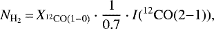 \begin{eqnarray*} N_{\mathrm{H}_2}\,{=}\,X_{\mathrm{^{12}CO(1-0)}} \cdot \frac{1}{0.7} \cdot I(\mathrm{^{12}CO(2{-}1)}), \end{eqnarray*}