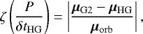 \begin{equation*} \zeta \left(\frac{P}{\delta t_{\mathrm{HG}}}\right)=\left|\frac{\bm{\mu}_{\mathrm{G2}} - \bm{\mu}_{\mathrm{HG}}}{\bm{\mu}_{\mathrm{orb}}}\right|, \end{equation*}