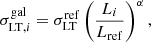 $$ \begin{aligned} \sigma ^\mathrm{gal}_{\mathrm{LT},i}= \sigma ^\mathrm{ref}_{\rm LT} \left( \frac{L_i}{L_{\rm ref}} \right)^{\alpha }, \end{aligned} $$