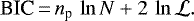 \begin{equation*} \textrm{BIC}\,{=}\,n_{\textrm{p}}\, \ln{N} + 2\,\ln{\mathcal L}.\end{equation*}