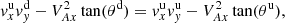 $$ \begin{aligned}&{ v}_x^\mathrm{u} { v}_{ y}^\mathrm{d} - V_{Ax}^2 \tan (\theta ^\mathrm{d}) = { v}_x^\mathrm{u} { v}_{ y}^\mathrm{u} - V_{Ax}^2 \tan (\theta ^\mathrm{u}), \end{aligned} $$