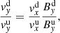 $$ \begin{aligned}&\frac{{ v}_{ y}^\mathrm{d}}{{ v}_{ y}^\mathrm{u}} = \frac{{ v}_x ^\mathrm{d}}{{ v}_x ^\mathrm{u}} \frac{B_{ y}^\mathrm{d}}{B_{ y}^\mathrm{u}}, \end{aligned} $$