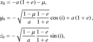 Mathematical equation: \begin{align*} &x_0 = - {a} \left(1 + e \right) - \mu, \nonumber\\[2pt] &\dot{y_0} = - \sqrt{\frac{1 - \mu}{{a}} \frac{1 - e}{1 + e}} \cos\,(i) + {a} \left(1 + e \right), \nonumber\\[2pt] &\dot{z_0} = - \sqrt{\frac{1 - \mu}{{a}} \frac{1 - e}{1 + e}} \sin\,(i), &\end{align*}