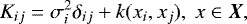 \begin{equation*} K_{ij} = \sigma^2_i \delta_{ij} + k(x_i,x_j), ~x \in \vec{X}, \end{equation*}