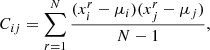 $$ \begin{aligned} C_{ij}=\sum \limits _{r=1}^{N} \frac{(x_{i}^{r} - \mu _i)(x_{j}^{r} - \mu _j)}{N-1}, \end{aligned} $$