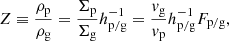 $$ \begin{aligned} Z \equiv \frac{\rho _{\rm p}}{\rho _{\rm g}} = \frac{\Sigma _{\rm p}}{\Sigma _{\rm g}} h_{\rm p/g}^{-1} = \frac{{ v}_{\rm g}}{{ v}_{\rm p}} h_{\rm p/g}^{-1} F_{\rm p/g} , \end{aligned} $$