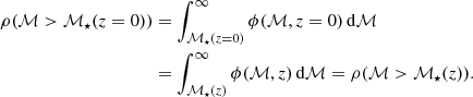 $$ \begin{aligned} \rho (\mathcal{M} >\mathcal{M} _{\star }(z=0))&=\int _{\mathcal{M} _{\star }(z=0)}^{\infty }\phi (\mathcal{M} ,z=0)\,\mathrm{d}\mathcal{M} \\&=\int _{\mathcal{M} _{\star }(z)}^{\infty }\phi (\mathcal{M} ,z)\,\mathrm{d}\mathcal{M} =\rho (\mathcal{M} >\mathcal{M} _{\star }(z)).\nonumber \end{aligned} $$