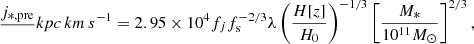 $$ \begin{aligned} \frac{j_{*,\mathrm{pre}}}\mathrm{kpc\,km\,s^{-1}}=2.95 \times 10^4 f_j f_{\rm s}^{-2/3} \lambda \left(\frac{H[z]}{H_0}\right)^{-1/3} \left[\frac{M_*}{10^{11}M_{\odot }}\right]^{2/3} ,\end{aligned} $$