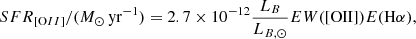 $$ \begin{aligned} {SFR}_{[\mathrm OII]}/(M_{\odot }\,\mathrm{yr}^{-1})=2.7\times 10^{-12}\frac{L_B}{L_{B,\odot }}EW([\mathrm{OII}])E(\mathrm{H} {\alpha }) ,\end{aligned} $$