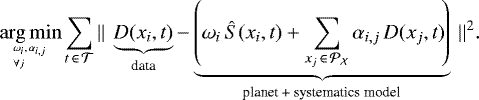 \begin{equation*} \argmin_{{}^{\omega_i, \,\alpha_{i, j}}_{\forall j}} \sum\limits_{t \, \in \, \mathcal{T}} \left|\left| \right.\right. \underbrace{ D(x_i, t)}_{\text{data}} - \underbrace{\left(\omega_i \, \hat{S}(x_i, t) + \sum\limits_{x_j\, \in\, {{\mathcal{P}}_{\mathcal{X}}}} \alpha_{i, j} \, D(x_j, t)\!\right)}_{\text{planet + systematics model}} \left.\left. \right|\right|^2\!.\end{equation*}