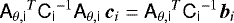\begin{equation*}\tens{A_{\theta, i}}^T \tens{C_i}^{-1} \tens{A_{\theta, i}} \, \vec{c}_i = \tens{A_{\theta, i}}^T \tens{C_i}^{-1} \vec{b}_i \end{equation*}