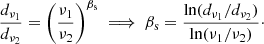 $$ \begin{aligned} \frac{d_{\nu _1}}{d_{\nu _2}} = \left(\frac{\nu _{1}}{\nu _2}\right)^{\beta _{\mathrm{s} }} \implies \beta _{\mathrm{s} } = \frac{\ln (d_{\nu _1}/d_{\nu _2})}{\ln (\nu _1/\nu _2)}\cdot \end{aligned} $$