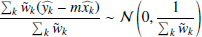 $$ \begin{aligned} \frac{\sum _k\tilde{{ w}}_k(\widehat{{ y}_k}-m\widehat{x_k})}{\sum _k\tilde{{ w}}_k}\sim {\mathcal{N} }\left(0,\frac{1}{\sum _k\tilde{{ w}}_k}\right) \end{aligned} $$