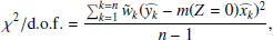 $$ \begin{aligned} \chi ^2/\mathrm{d.o.f.}=\frac{\sum _{k=1}^{k=n}\tilde{{ w}}_k(\widehat{{ y}_k}-m(Z=0)\widehat{x_k})^2}{n-1}, \end{aligned} $$