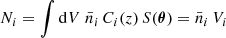$$ \begin{aligned} N_i= \int \mathrm{d} V\;\bar{n}_i\,C_i(z)\,S(\boldsymbol{\theta })= \bar{n}_i\,V_i \end{aligned} $$