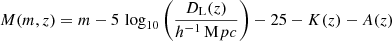 $$ \begin{aligned} M(m,z)= m-5\,\log _{10}{\left(\frac{D_{\rm L}(z)}{h^{-1}\,\mathrm Mpc}\right)}-25-K(z)-A(z) \end{aligned} $$