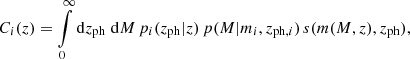 $$ \begin{aligned} C_i(z)= \int \limits _0^\infty \mathrm{d} z_{\rm ph}\;\mathrm{d} M\, p_i(z_{\rm ph}|z)\,p(M|m_i,z_{\mathrm{ph},i})\, s(m(M,z),z_{\rm ph}), \end{aligned} $$