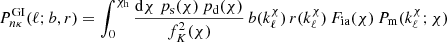 $$ \begin{aligned} P^\mathrm{GI}_{{n}\kappa }(\ell ;b,r)= \int _0^{\chi _{\rm h}}\frac{\mathrm{d}\chi \;p_{\rm s}(\chi )\,p_{\rm d}(\chi )}{f^2_K(\chi )}\, b(k_\ell ^\chi )\,r(k_\ell ^\chi )\,F_{\rm ia}(\chi )\,P_{\rm m}(k_\ell ^\chi ;\chi ) \end{aligned} $$