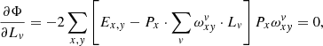 $$ \begin{aligned}&\frac{\partial \Phi }{\partial L_{ v}}=-2\sum _{x,{ y}} \left[E_{x,{ y}} - P_x\cdot \sum _{ v} \omega _{x{ y}}^{ v}\cdot L_{ v}\right] P_x\omega _{x{ y}}^{ v} =0, \end{aligned} $$